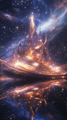 Aufkleber - Mystical visualization of a luminous spaceship afloat in a cosmic landscape with vibrant colors and swirling galaxies