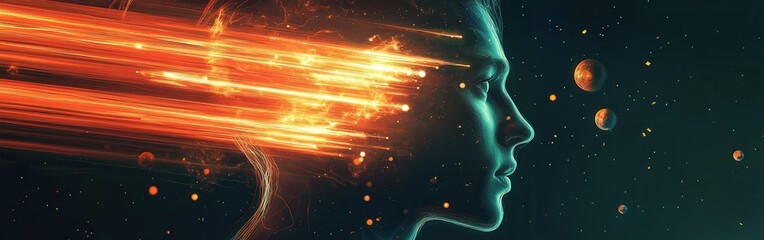Poster - Mystical profile of a man filled with cosmic elements and dynamic energy symbols in a surreal setting at night