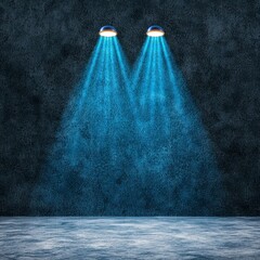 Wall Mural - Two blue neon spotlights illuminating a dark wall in an atmospheric scene with a dark background