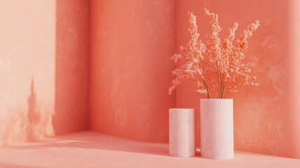 Poster - Soft coral background featuring floral arrangement in minimalist vases enhancing a tranquil setting