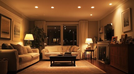 Aufkleber - Cozy living room with layered lighting and stylish decor in an inviting atmosphere during the evening