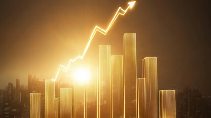 Poster - glowing depiction of financial growth with rising charts and a radiant skyline at dawn