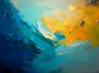 Poster - Abstract artwork with blue, yellow, and orange hues blending together. Dynamic brushstrokes create a sense of movement and depth in this colorful composition.