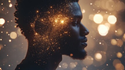 Aufkleber - Conceptual visualization of a man's profile illuminated by cosmic particles and light effects at twilight