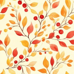 Poster - Exploring the beauty of calming watercolor doodles featuring vibrant autumn leaves and berries in a gentle composition