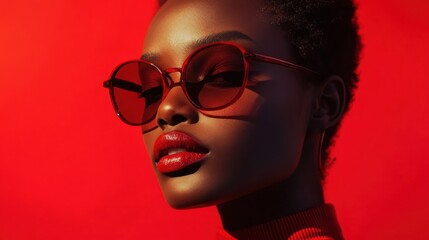 Poster - Bold fashion statement showcased against a bright crimson background featuring a model with stylish sunglasses