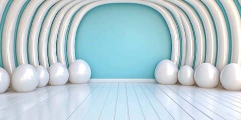 Wall Mural - Room with white balloons and blue wall featuring a futuristic 3d tunnel with sleek white floor and walls