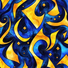 Fototapete - Bold watercolor doodle showcasing swirling patterns in vibrant blue and yellow hues, creating an energetic artistic composition