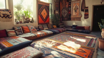 Aufkleber - Boho-style living room featuring layered rugs and natural light in a cozy, inviting atmosphere