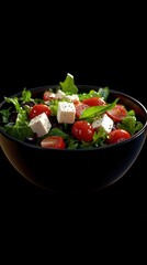 Poster - Fresh salad with cherry tomatoes and feta cheese in a dark bowl against a black background