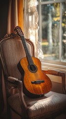 Poster - Close-up of an acoustic guitar resting on an elegant chair beside a sunlit window in a cozy room