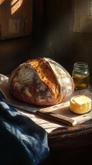 Aufkleber - Rustic loaf of bread with golden crust placed on a wooden table with butter and olive oil in a cozy setting