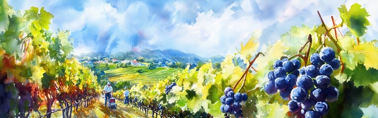 Poster - Vibrant watercolor vineyard landscape with grape harvest under a bright sky