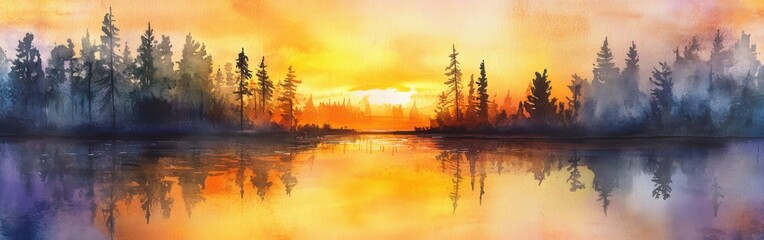 Poster - Sunset reflection over tranquil lake surrounded by silhouettes of pine trees in a serene watercolor landscape