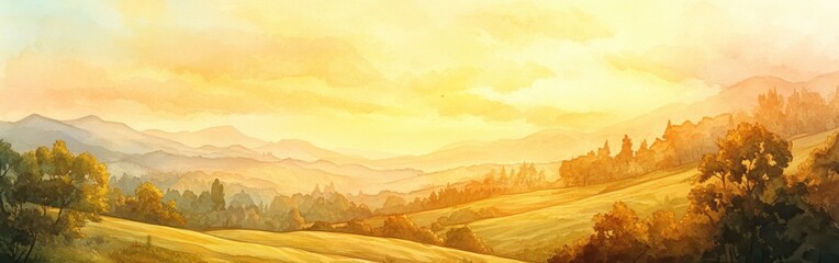 Poster - Serene watercolor landscape capturing a vibrant sunset over rolling hills and lush valleys in a peaceful countryside setting
