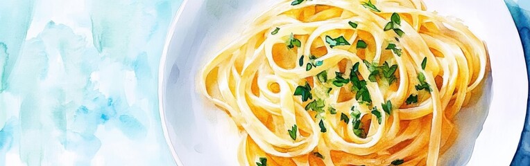 Poster - Close-up view of creamy pasta dish with herbs on a watercolor background showcasing flavors and textures
