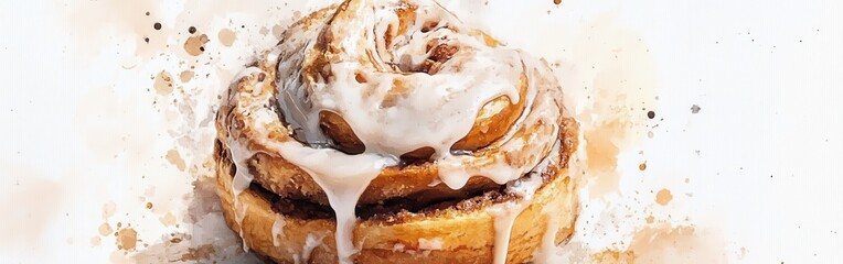 Poster - Sweet cinnamon roll close-up showcasing creamy frosting and rich texture on a watercolor background
