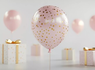 Poster - 3D rendering of a pink and gold balloon with gift boxes on a light pastel background, a minimal concept,