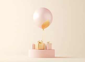 Poster - 3D rendering of a pink and gold balloon with gift boxes on a light pastel background, a minimal concept,