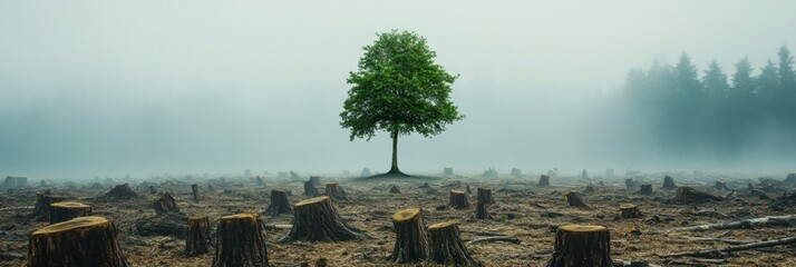 Poster - Environmental impact of deforestation with a solitary tree in a foggy landscape. Generative AI