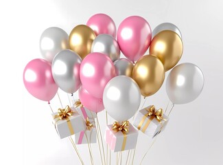 Poster - 3D rendering of pink, gold, and silver balloons with gift boxes on a light pastel background