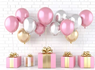Poster - 3D rendering of pink, gold, and silver balloons with gift boxes on a light pastel background