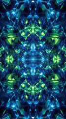 Aufkleber - Futuristic low-poly pattern features electric blue and green hues in symmetrical design with vibrant light reflections