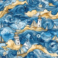 Poster - Intricate doodle cartoon drawing of lighthouses amidst swirling blue waves and sailing boats in an artistic seascape