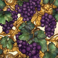 Aufkleber - Intricate doodle drawing of vibrant purple grapes intertwined with rich green leaves creating an elegant design