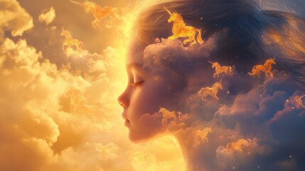 Aufkleber - Vibrant visualization of a child's profile with unicorns in a dreamlike cloudscape at sunset