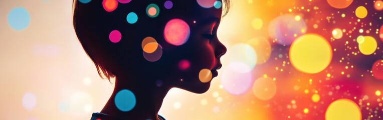 Aufkleber - Vibrant visualization of a glowing child captured in a colorful atmosphere with floating lights
