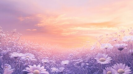 Aufkleber - Vibrant daisies bloom in a meadow at sunset, creating a stunning landscape of colors in the sky