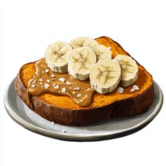 Wall Mural - Delicious and Healthy Toast with Peanut Butter and Sliced Bananas on a Cozy Plate