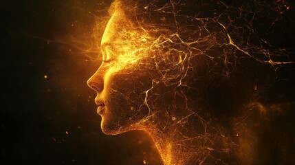 Poster - Surreal representation of a glowing woman with ethereal light emanating from her profile in a dreamlike environment