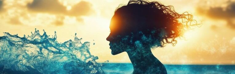 Leinwandbilder - Surreal silhouette of a glowing woman amidst swirling waves at sunset by the ocean
