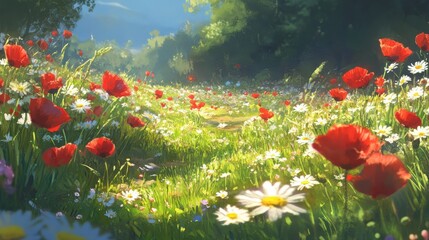 Aufkleber - Sunny spring field bursting with wildflowers and a tranquil path leading through colorful blooms