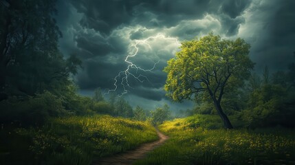 Poster - Darkening spring forest with stormy sky and vivid green foliage ignited by lightning