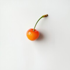 Poster - Ripe cherry with green stem resting against white background in natural light