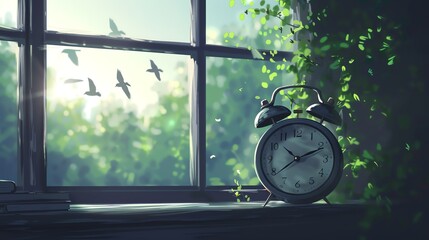 Wall Mural - An illustration of a clock sitting on a window sill. The clock is black with two bells on top. The window is covered in vines and leaves.