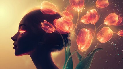 Poster - Serene visualization of a woman's profile with glowing flowers at sunset in a tranquil setting
