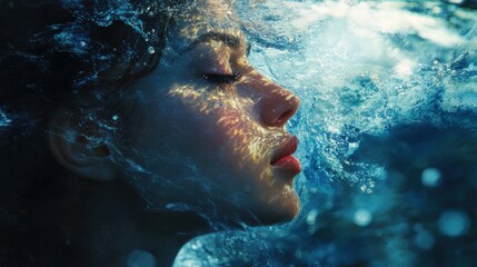 Aufkleber - Serene portrait of a woman with glowing features submerged in tranquil water
