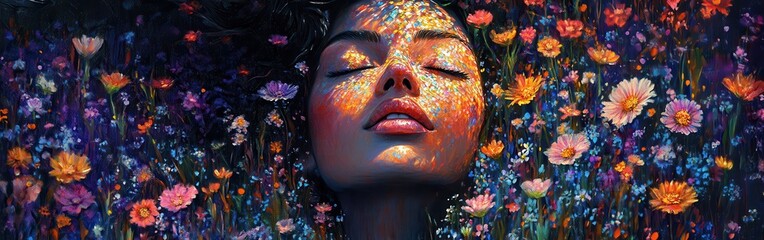 Aufkleber - Glowing tranquility of a woman's face surrounded by vibrant flowers and soft light