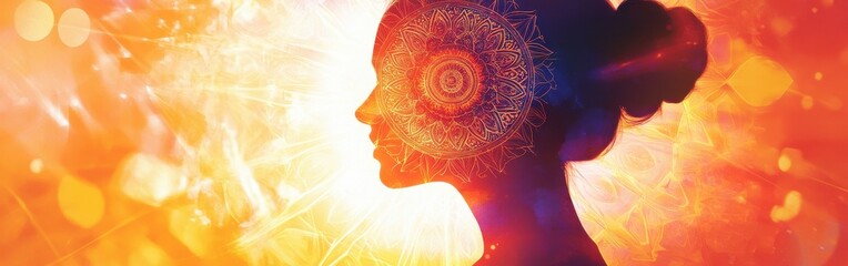 Poster - Woman radiating serenity with a glowing mandala design enveloping her silhouette during a tranquil moment