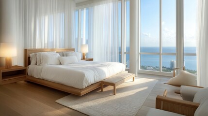 Aufkleber - Serene bedroom with floor-to-ceiling windows showcasing ocean views and natural light in a modern design