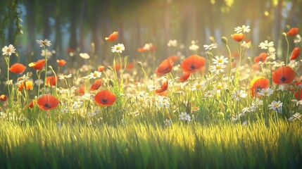 Poster - Vibrant spring meadow filled with wildflowers and sunlight filtering through lush trees