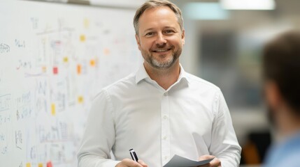 Poster - Professional man with beard presenting ideas in a modern office during a team meeting