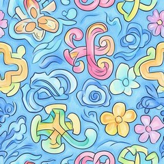 Leinwandbilder - Colorful watercolor doodle patterns featuring playful flowers and swirls on a blue background