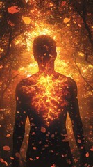 Fototapete - Mystical silhouette of a man radiating energy in a forest surrounded by autumn foliage during twilight