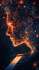 Leinwandbilder - Mystical silhouette of a man infused with cosmic energy while playing piano in a dark ambiance