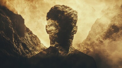 Aufkleber - Mysterious silhouette of a man surrounded by mystical clouds and mountains at sunrise